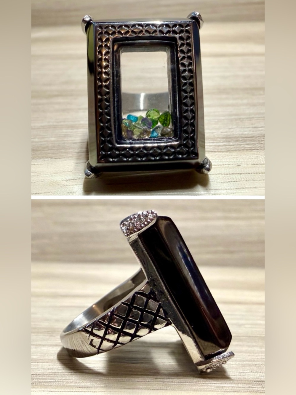 Vintage Stainless Steel Mixed Rare Gemstone Kaleidoscope Ring, Size 7